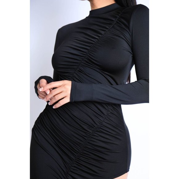 Women Asymmetric Ruched Rhinestones Double Strapped Long sleeve Dress Club Party - Picture 4 of 12